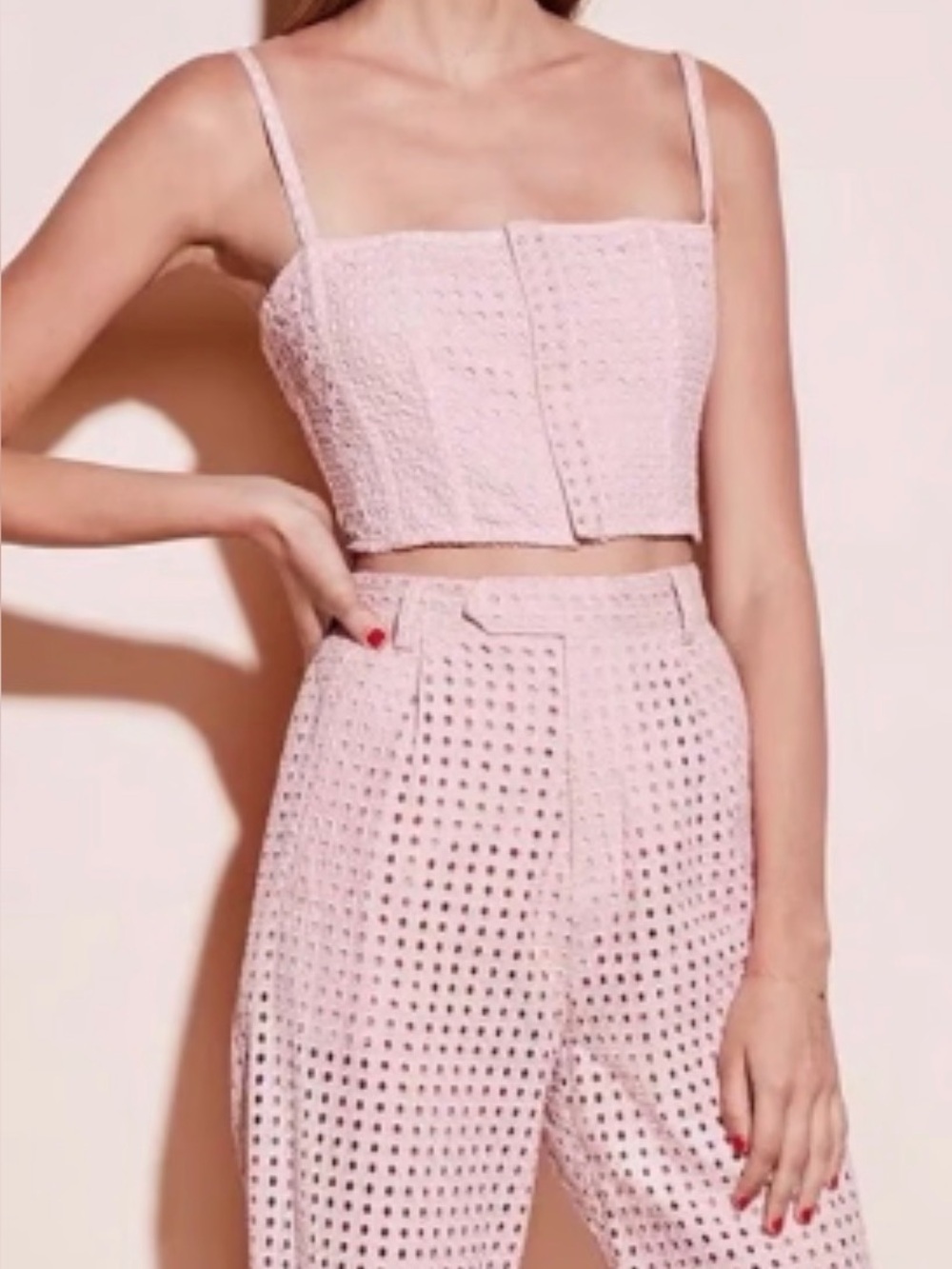 Fleur du Mal Light Pink Eyelet Lace Pattern Square Neckline Crop Top XS